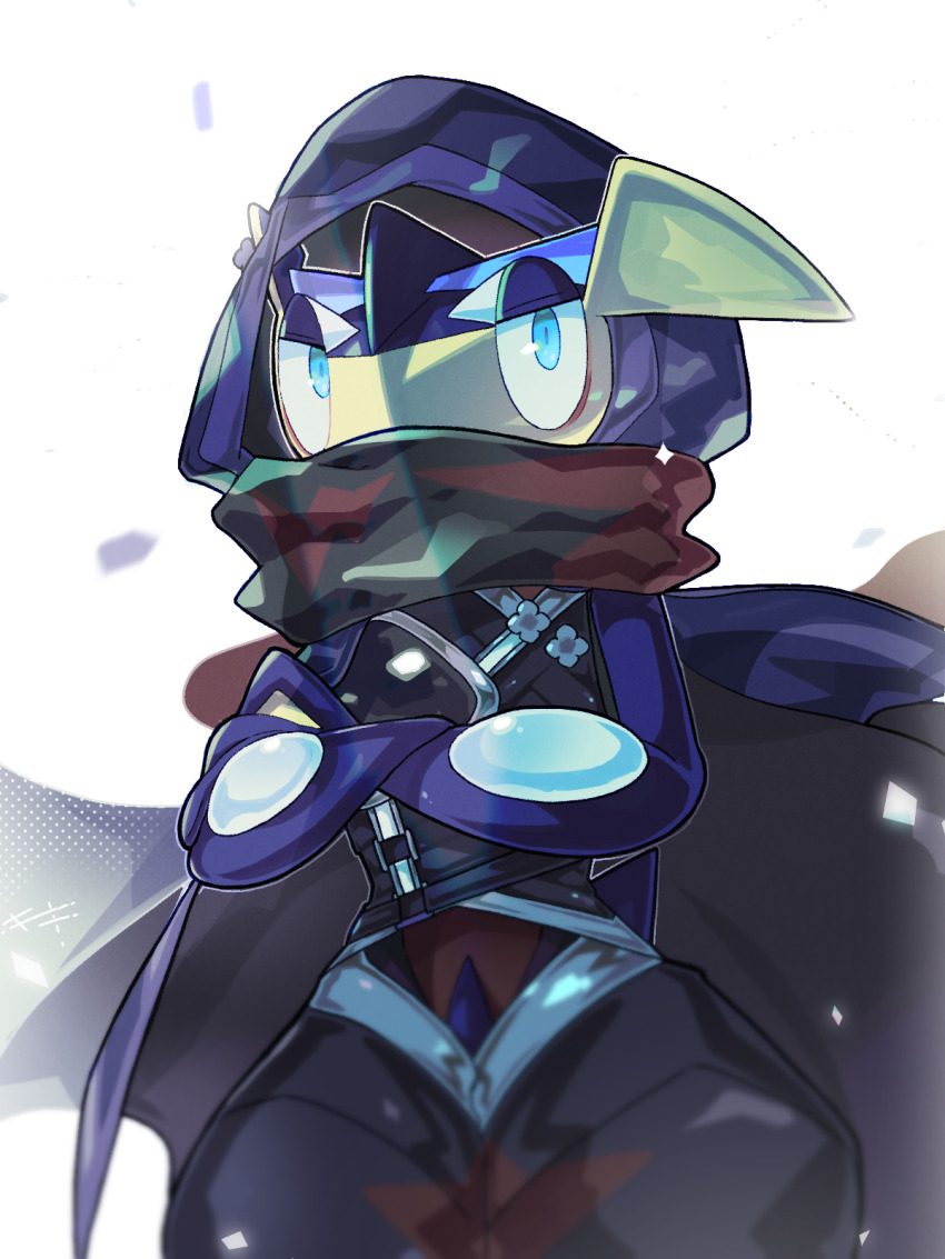 1boy, animal_hands, artist_name, black_pants, black_shirt, blue_cape, blue_eyes, blue_flower