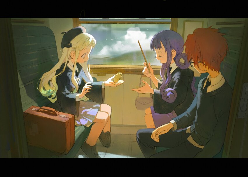 1boy, 2girls, akane_aoi, aoi_akane, beret, black_coat, black_headwear, black_necktie, black_pants, black_sweater, clefs27, coat, collared_shirt, glasses, grey_skirt, hair_rings, hamster, harry_potter_(series), hat, highres, hogwarts_school_uniform, holding, holding_wand, indoors, jibaku_shounen_hanako-kun, long_hair, multiple_girls, necktie, open_mouth, orange_hair, pants, pink_eyes, pleated_skirt, purple_hair, purple_skirt, school_uniform, shirt, sidelocks, sitting, skirt, suitcase, sweater, train_interior, very_long_hair, wand, white_hair, white_shirt, wizarding_world, yashiro_nene