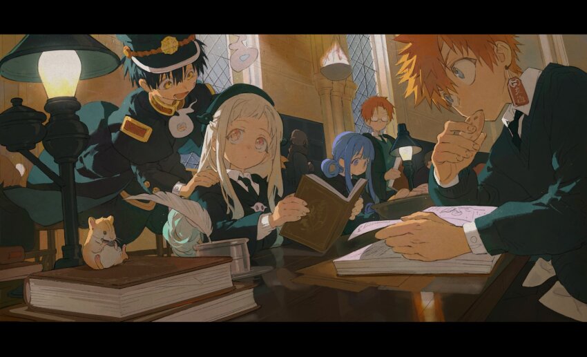 2girls, 4boys, akane_aoi, aoi_akane, black_cape, black_coat, black_hair, black_sweater, blue_hair, book, cape, clefs27, coat, collared_shirt, cookie, floating, food, glasses, hair_rings, hamster, hanako_(jibaku_shounen_hanako-kun), harry_potter_(series), highres, hogwarts_school_uniform, holding, holding_food, indoors, inkwell, jibaku_shounen_hanako-kun, lamp, long_hair, minamoto_kou, mitsuba_sousuke, multiple_boys, multiple_girls, orange_hair, quill, reading, school_uniform, shirt, sidelocks, sweater, table, very_long_hair, white_hair, wizarding_world, yashiro_nene, yellow_eyes