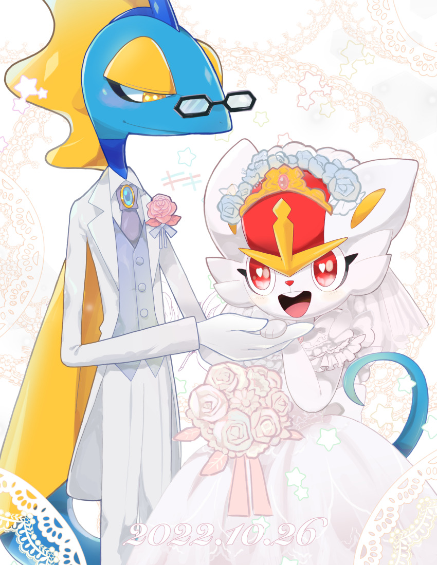 2boys, animal_ears, animal_hands, animal_nose, artist_name, black-framed_eyewear, blue_flower, blue_gem, blue_skin, blue_vest, blush, body_fur, bouquet, bridal_veil, bride, brooch, buck_teeth, buttons, cinderace, closed_mouth, clothed_pokemon, collared_shirt, colored_skin, commentary, corsage, cowboy_shot, crossdressing, crossdressing_(mtf), dated, dress, fins, flower, furry, furry_male, furry_with_furry, gem, gen_8_pokemon, glasses, gloves, groom, half-closed_eyes, hands_up, happy, head_fins, heart, heart-shaped_pupils, highres, holding, holding_bouquet, holding_hands, husband_and_husband, inteleon, interspecies, jacket, jewelry, kiki_(431642), light_blush, lizard_tail, long_sleeves, male_bride, male_focus, multicolored_skin, multiple_boys, necktie, nintendo, open_clothes, open_jacket, open_mouth, pants, pince-nez, pink_flower, pink_gem, pink_ribbon, pink_rose, pokemon, pokemon_(creature), purple_necktie, rabbit_boy, rabbit_ears, red_hair, reptile_boy, ribbon, rose, shirt, short_hair, signature, sleeveless, sleeveless_dress, smile, standing, star_(symbol), untranslatable_commentary, symbol-shaped_pupils, tail, tailcoat, teeth, tiara, trap, veil, vest, wedding, wedding_dress, white_background, white_dress, white_flower, white_fur, white_gloves, white_jacket, white_pants, white_rose, white_shirt, white_theme, yaoi, yellow_eyes, yellow_headwear, yellow_skin