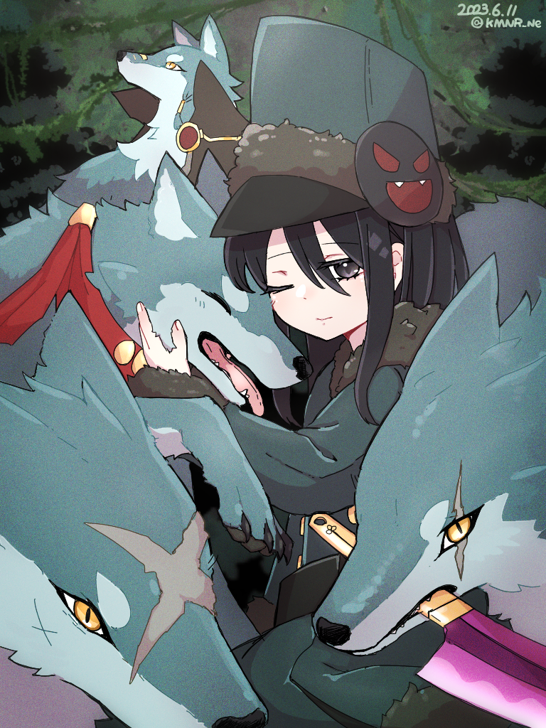 1girl, animal, black_eyes, black_hair, coat, dated, etrian_odyssey, fur-trimmed_coat