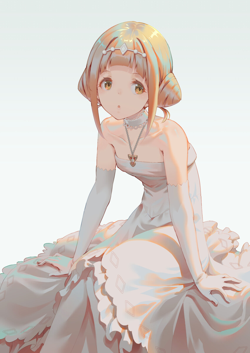 1girl, :o, alice_gear_aegis, arm_support, bare_shoulders, blonde_hair, breasts, brown_eyes