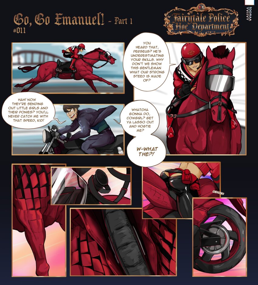 2boys, absurdres, ass, black_pants, blurry, blurry_background, comic, emanuel_van_redfor, english_text, fairytale_police_hoe_department, headset, helmet, highres, horse, idoraad, jacket, male_focus, male_underwear, mechanization, motor_vehicle, motorcycle, multiple_boys, pants, red_footwear, red_headwear, red_horse, red_jacket, red_male_underwear, shoes, sound_effects, transformation, underwear, wheel