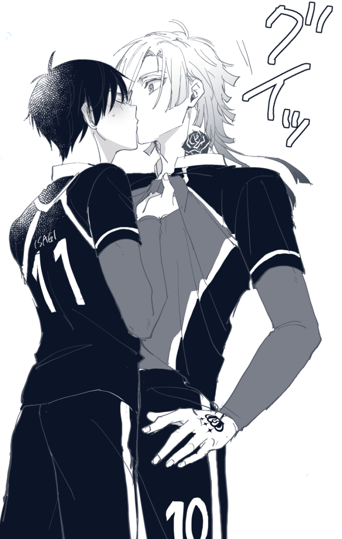 2boys, aotsuki_ren, blue_lock, blush, closed_eyes, clothes_grab, commentary_request, cowboy_shot