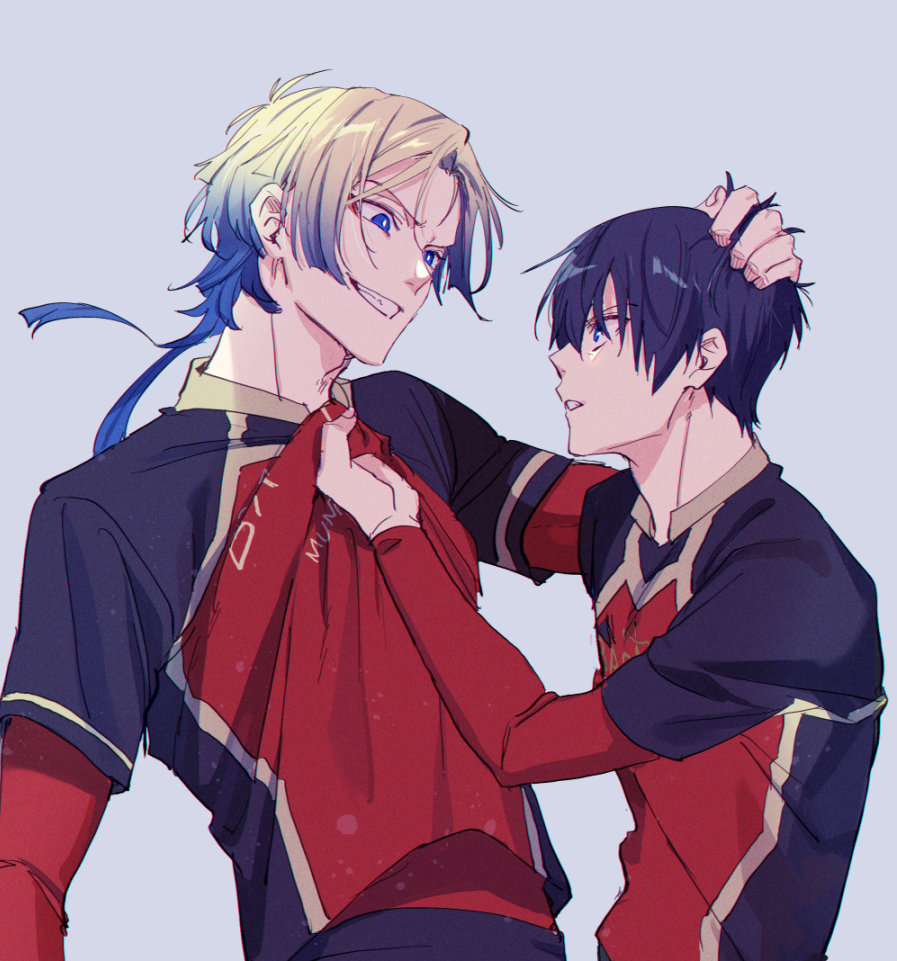 2boys, aotsuki_ren, blonde_hair, blue_eyes, blue_hair, blue_lock, bright_pupils, clothes_grab