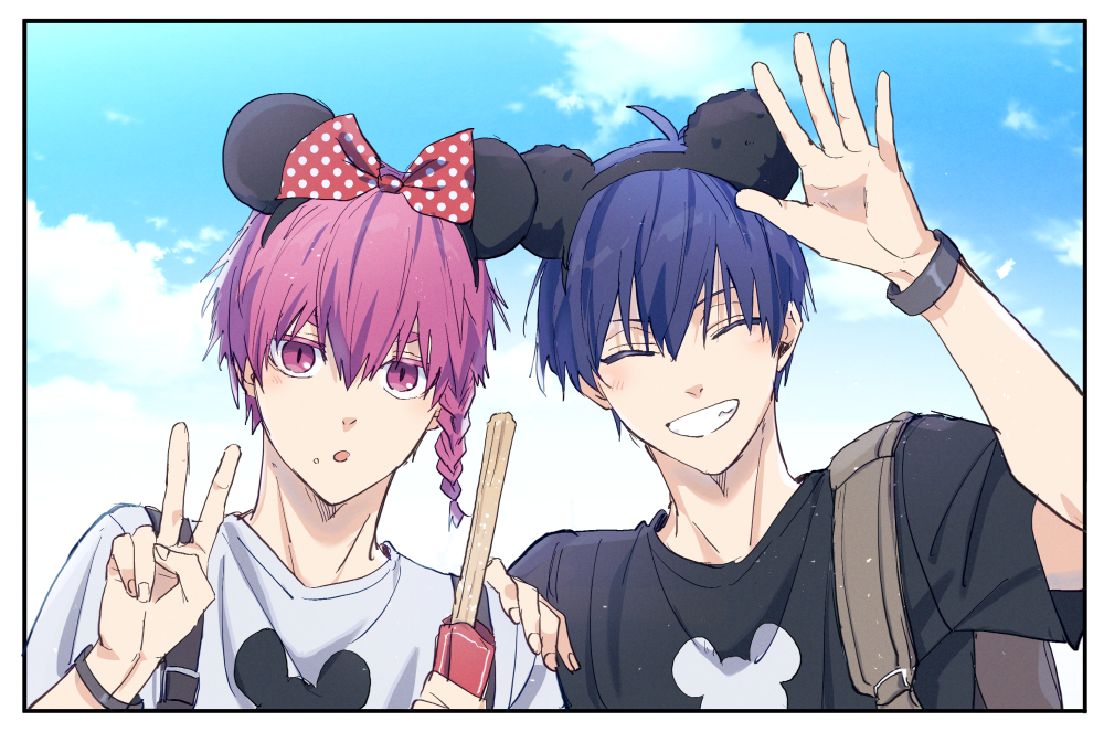 2boys, :o, aotsuki_ren, bag, blue_hair, blue_lock, braid, churro