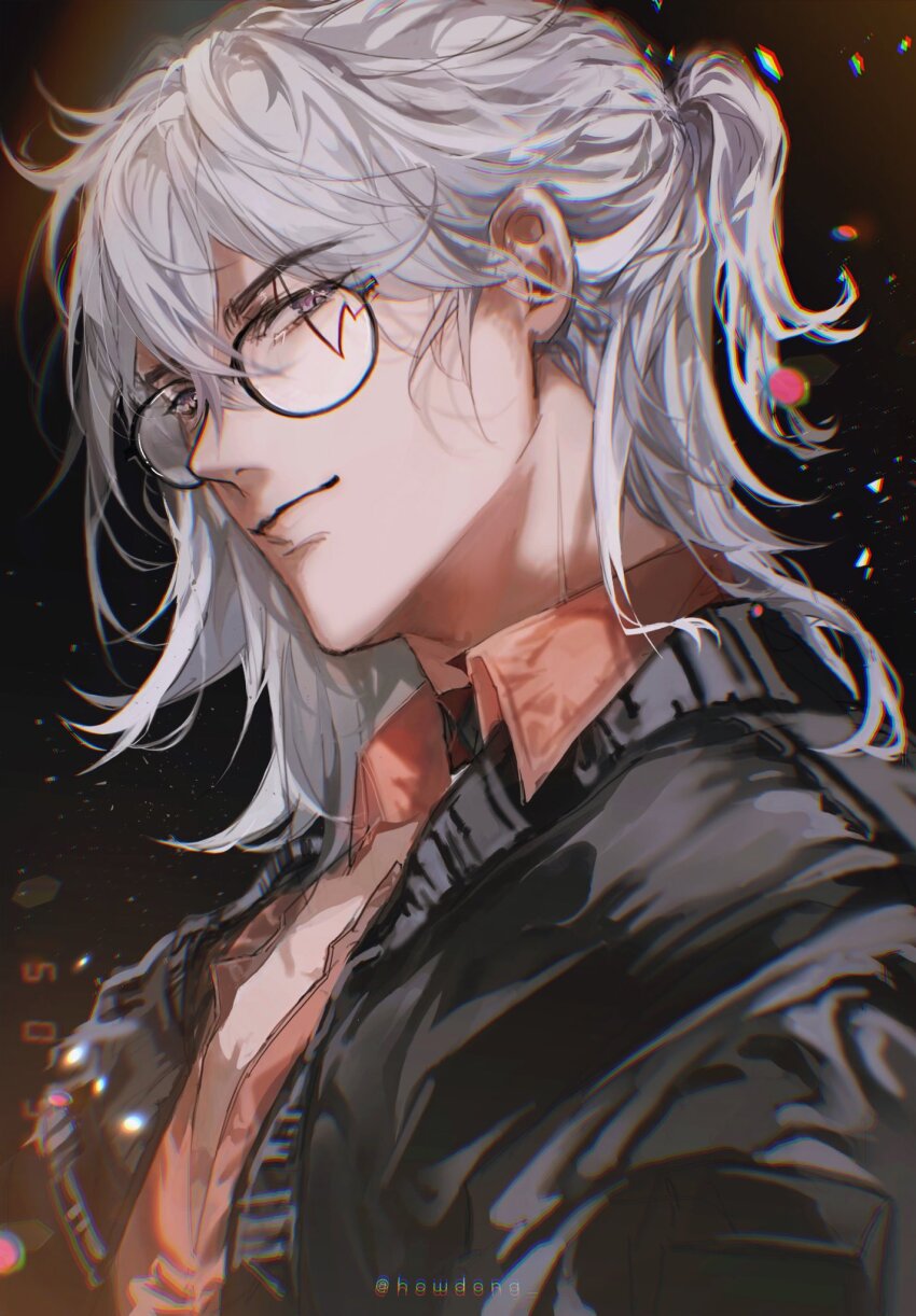 1boy, artist_name, black-framed_eyewear, black_background, black_jacket, closed_mouth, collared_shirt, commentary_request