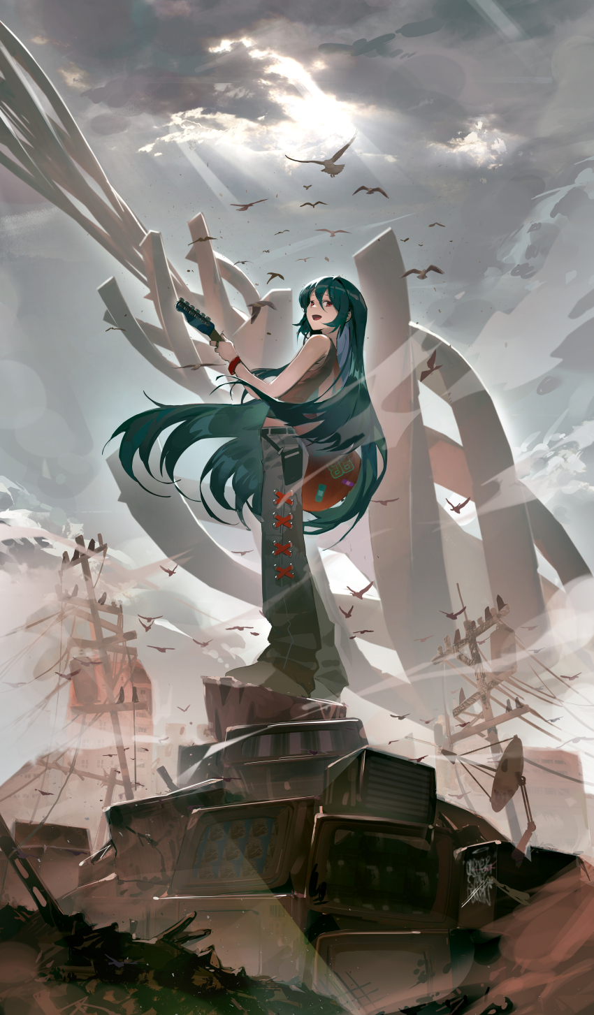 1girl, :d, absurdres, bandaid_on_object, bell-bottoms, belt, bird, black_belt