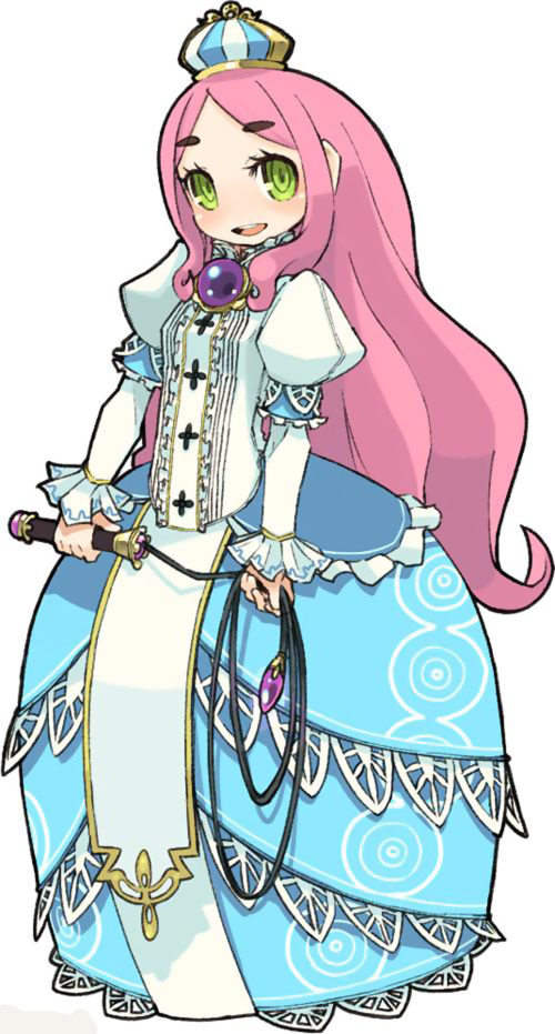 1girl, 7th_dragon, 7th_dragon_(series), dress, female_focus, gown, green_eyes, hat, long_hair, long_sleeves, maron_(7th_dragon), mota, official_art, open_mouth, pink_hair, princess_(7th_dragon), simple_background, solo, whip, white_background