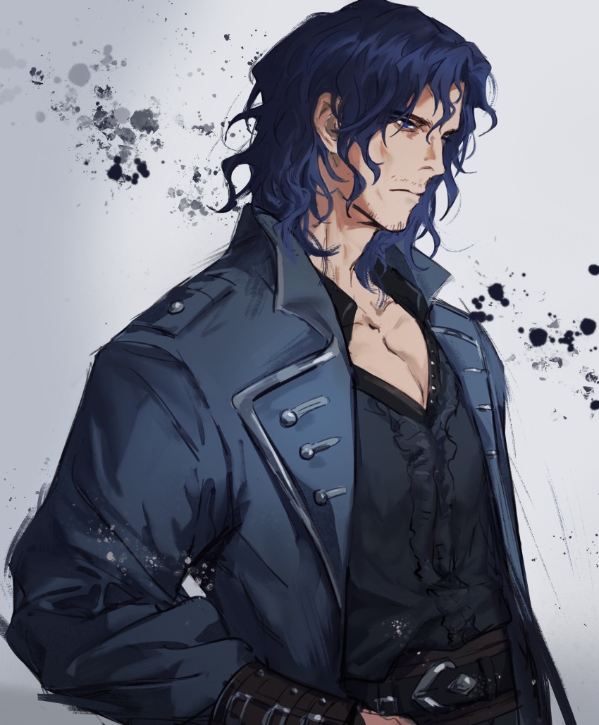 1boy, abstract_background, absurdres, akkking, alger_wilson, black_shirt, blue_eyes, blue_hair