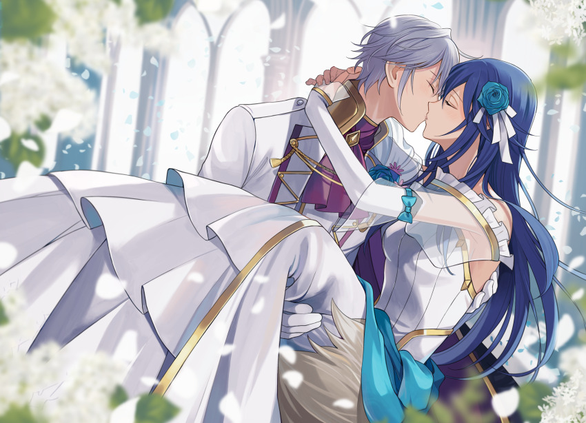1boy, 1girl, absurdres, arms_around_neck, bare_shoulders, blue_hair, bride, carrying