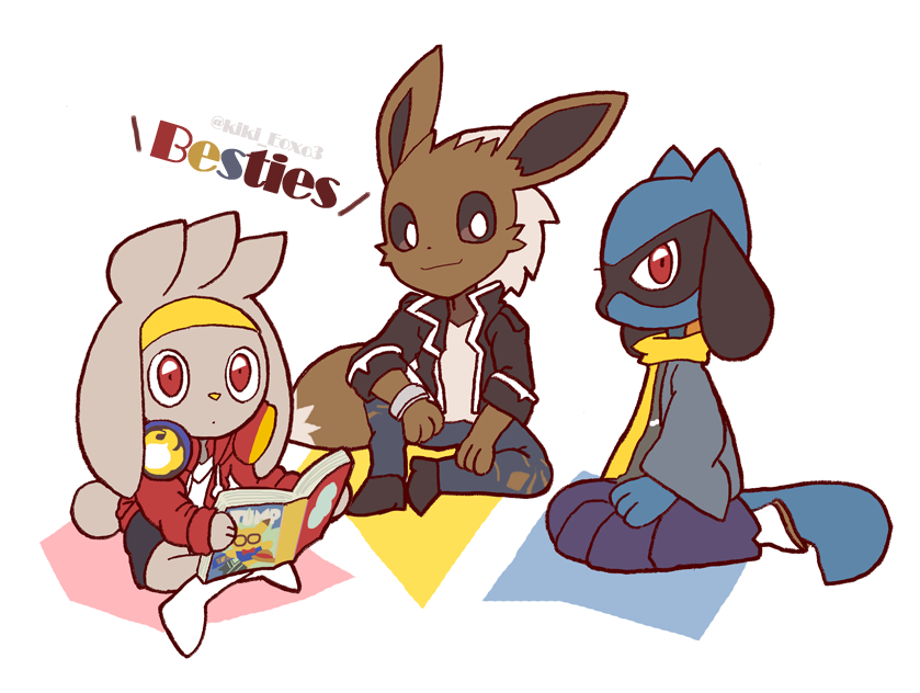 3boys, animal_ears, animal_hands, artist_name, black_footwear, black_fur, black_jacket, black_shorts