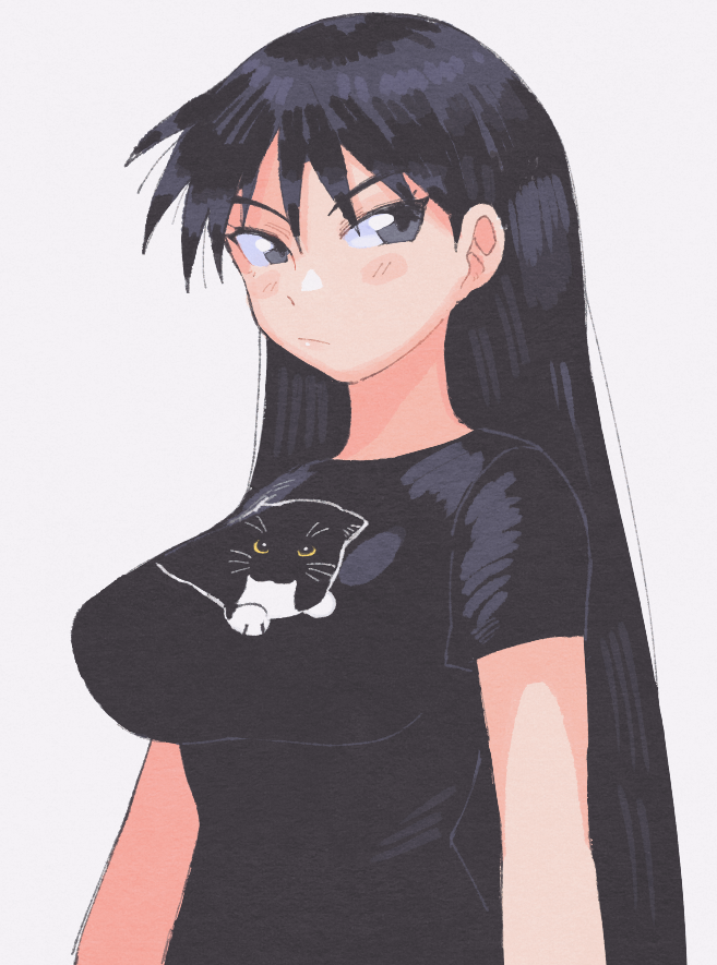1girl, arms_at_sides, azumanga_daiou, black_hair, black_shirt, blush_stickers, breasts, cat, closed_mouth, expressionless, faux_traditional_media, grey_eyes, hair_between_eyes, inkerton-kun, large_breasts, long_hair, looking_at_viewer, meme, print_shirt, sakaki_(azumanga_daioh), shirt, short_sleeves, simple_background, solo, spinning_cat_(meme), straight_hair, tsurime, very_long_hair, white_background