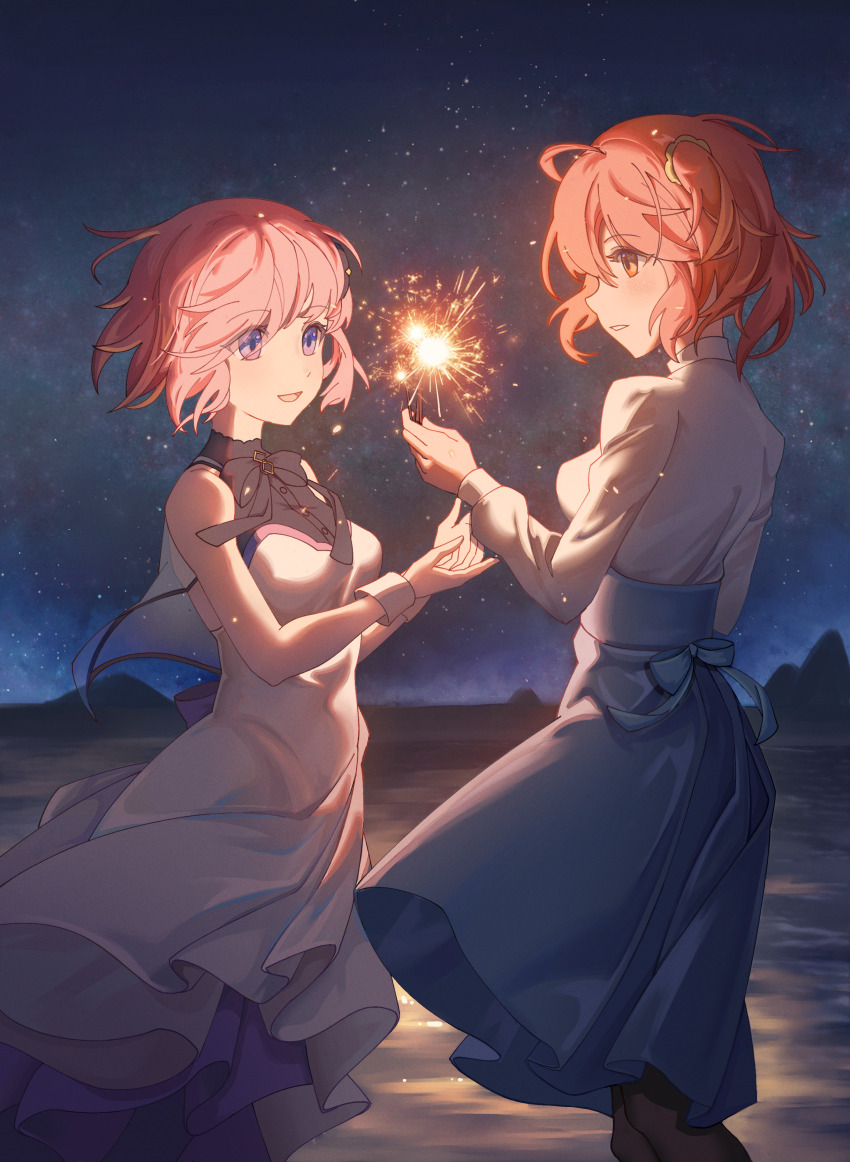 2girls, absurdres, ahoge, bare_shoulders, black_pantyhose, black_ribbon, blue_skirt, commentary