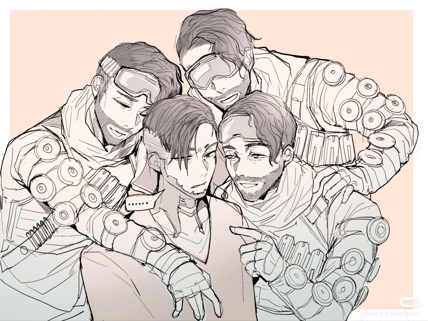 ..., 4boys, animification, annoyed, apex_legends, bodysuit, brown_background, clone