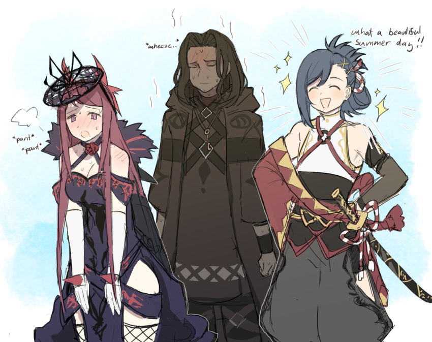 1girl, 2boys, black_hair, blue_background, blue_hair, blush, breasts, cleavage