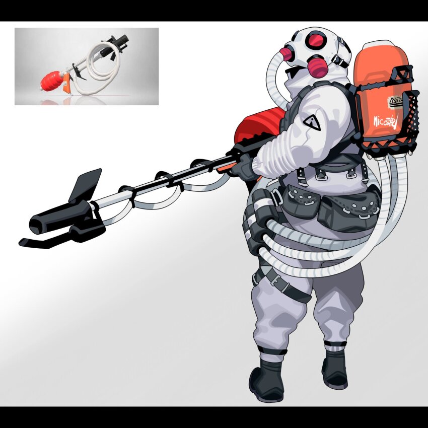 1other, bag, black_footwear, black_gloves, full_body, gas_mask, gloves, goo_tuber_(splatoon)