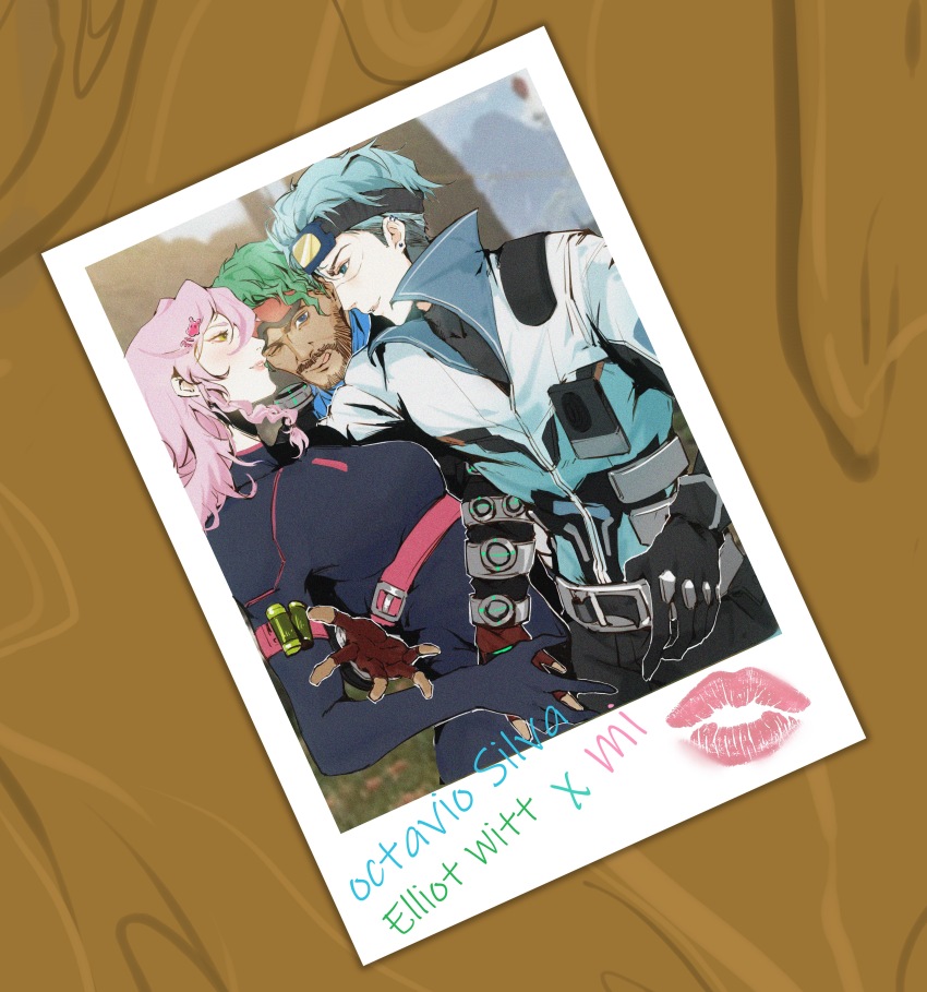 1girl, 2boys, absurdres, animification, apex_legends, arm_strap, black_bodysuit, black_shirt, blue_eyes, blue_hair, blue_shirt, bodysuit, breasts, brown_gloves, chinese_commentary, covered_collarbone, dark-skinned_male, dark_skin, facial_hair, fingerless_gloves, gloves, goatee, goggles, goggles_on_head, green_eyes, hair_behind_ear, hetero, highres, licking_lips, long_hair, looking_at_another, looking_at_viewer, marked_man_mirage, medium_breasts, mirage_(apex_legends), multiple_boys, oc_x_canon, octane_(apex_legends), official_alternate_costume, one_eye_closed, original, parted_lips, photo_(object), pink_hair, polaroid_photo, shirt, the_victory_lap_octane, tongue, tongue_out, xiaomi_ya_mi_ya, yellow_eyes