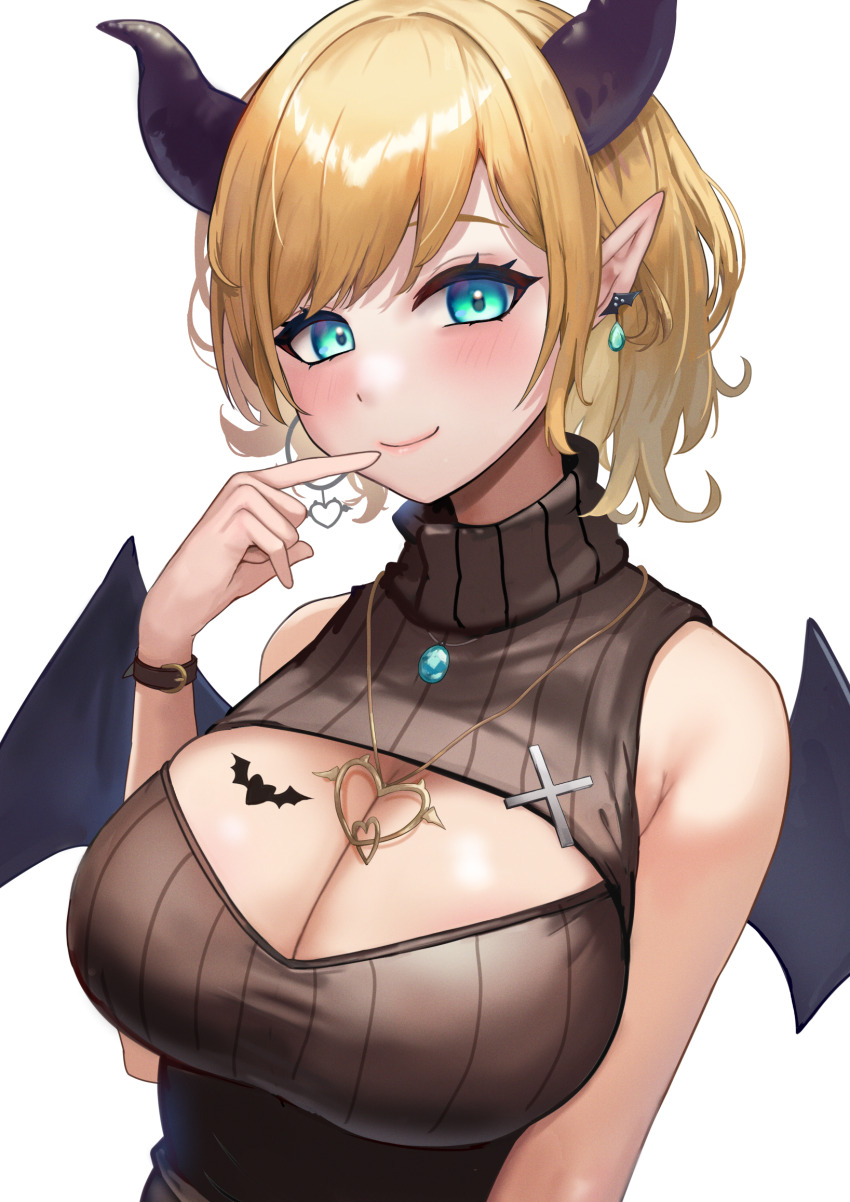 1girl, aqua_eyes, bare_shoulders, bat_tattoo, blonde_hair, breast_tattoo, breasts, brown_sweater