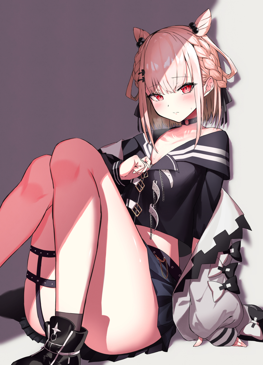 1girl, absurdres, ass, belt, black_choker, black_sailor_collar, black_shirt, black_skirt, blush, braid, chest_belt, choker, convenient_leg, crop_top, double_bun, french_braid, hair_bun, hair_ornament, hairclip, highres, long_sleeves, looking_at_viewer, microskirt, midriff, miniskirt, o-ring, o-ring_choker, open_belt, open_clothes, open_shirt, osechi_(pixiv56606477), pleated_skirt, red_eyes, sailor_collar, school_uniform, shiratama_utano, shirt, sitting, skindentation, skirt, solo, thigh_strap, undressing, univirtual, virtual_youtuber, white_belt, white_hair, white_shirt