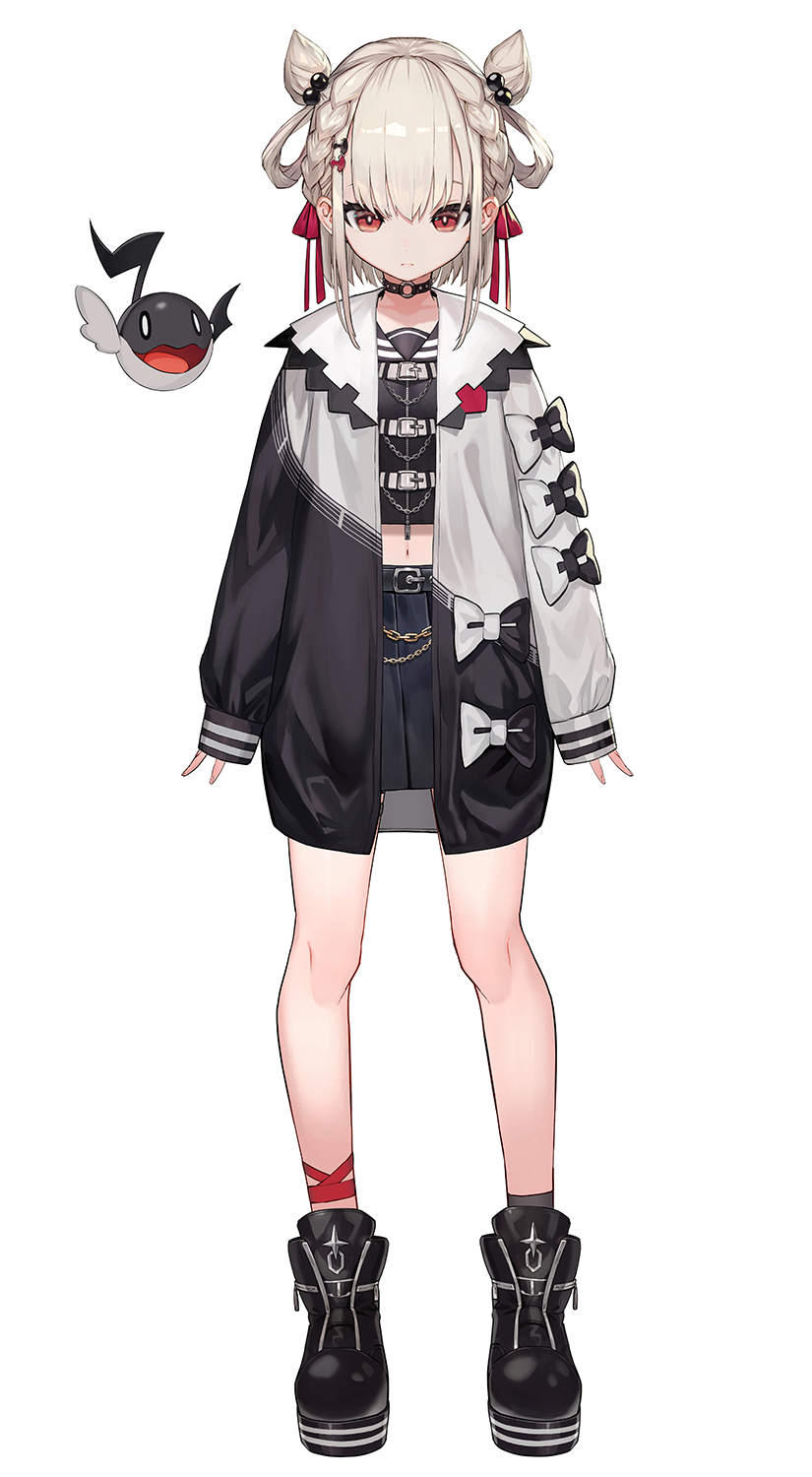 1girl, belt, black_boots, black_bow, black_choker, black_shirt, black_skirt, boots