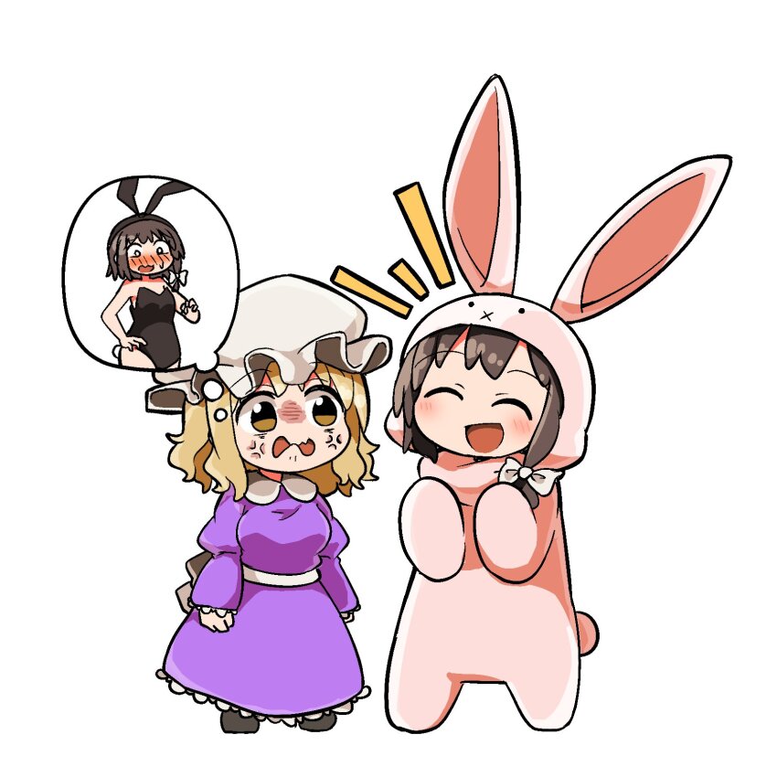 2girls, :d, x_mouth, ^_^, anger_vein, angry, animal_costume, animal_ears, black_leotard, blonde_hair, blush, bow, brown_hair, closed_eyes, commentary_request, dress, fake_animal_ears, hair_bow, hat, highres, kyuukei_usagi, leotard, long_sleeves, maribel_hearn, mob_cap, multiple_girls, open_mouth, playboy_bunny, puffy_long_sleeves, puffy_sleeves, purple_dress, rabbit_costume, rabbit_ears, short_hair, simple_background, smile, speech_bubble, thought_bubble, touhou, usami_renko, white_background, white_bow, white_headwear, yellow_eyes