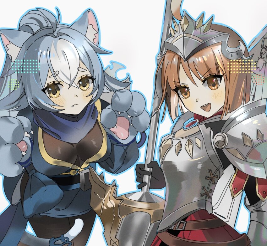 2girls, :d, ahoge, animal_ears, animal_hands, armor, belt, blue_hair, blush, bodystocking, bow, breastplate, breasts, brown_eyes, brown_hair, cat_ears, cat_girl, cat_tail, cleavage, elbow_pads, eversoul, fang, fang_out, gloves, hair_between_eyes, hair_ornament, hamuzi2, holding, holding_polearm, holding_weapon, japanese_clothes, korean_commentary, long_skirt, looking_at_viewer, mask, medium_breasts, mouth_mask, multicolored_hair, multiple_belts, multiple_girls, ninja, ninja_mask, open_mouth, pauldrons, paw_pose, polearm, ponytail, puffy_sleeves, red_skirt, ribbon, rita_(eversoul), ruri_(eversoul), scarf, shield, shield_on_back, short_hair, shoulder_armor, shuriken, simple_background, skirt, smile, streaked_hair, tail, unworn_mask, weapon, white_background, yellow_eyes