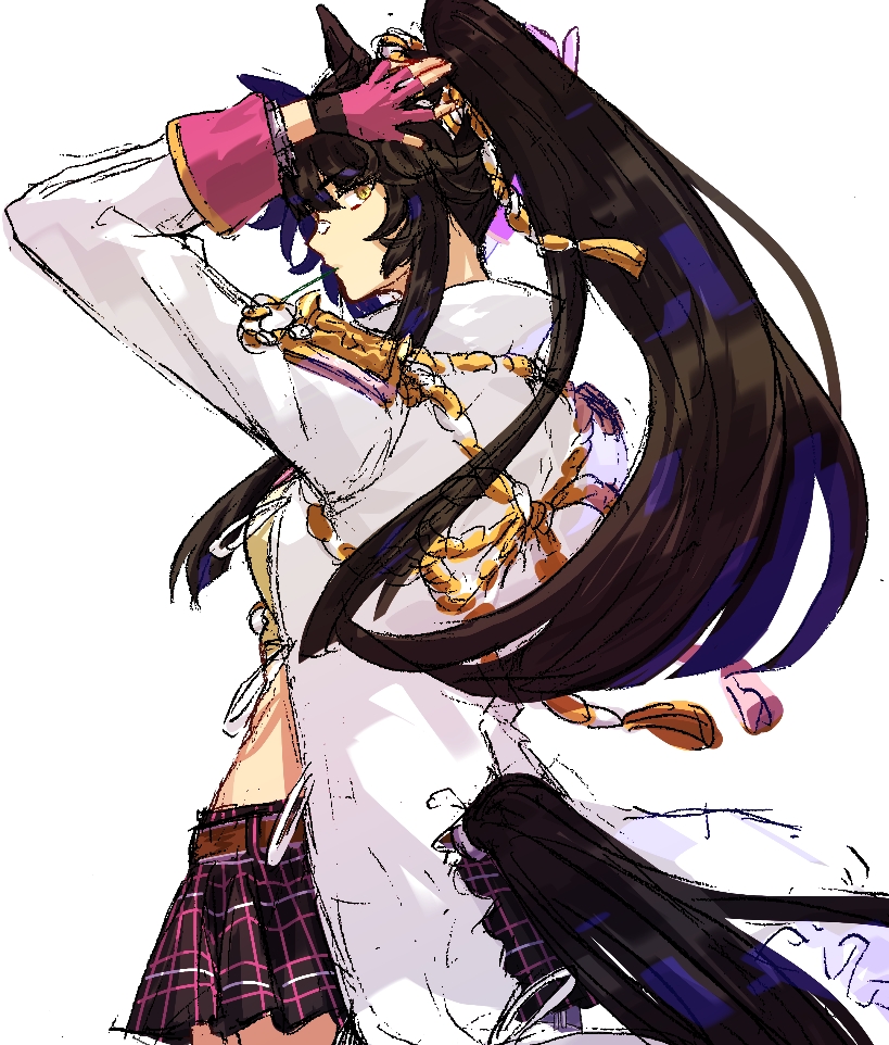 1girl, arm_up, bandaid, bandaid_on_face, bandaid_on_nose, black_hair, breasts, closed_mouth