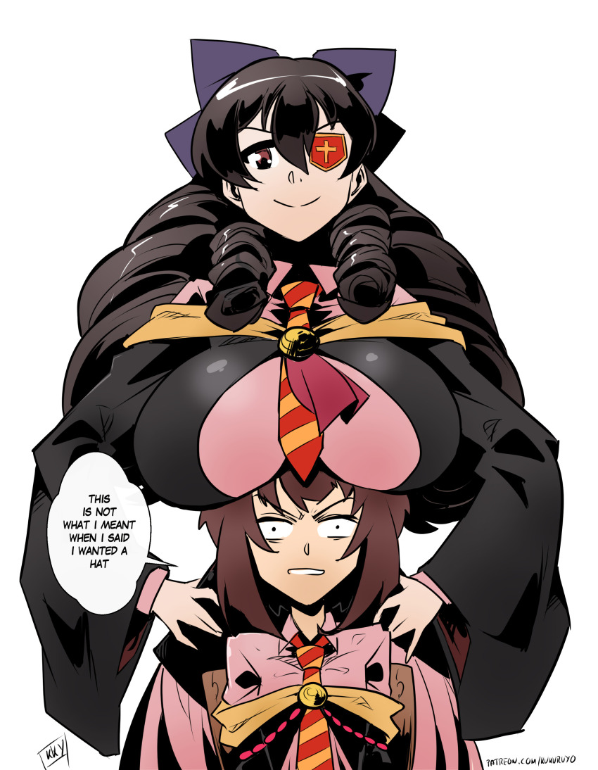 2girls, absurdres, arue_(konosuba), boobs_on_head, breasts, brown_hair, drill_hair, highres, kono_subarashii_sekai_ni_shukufuku_wo!, kukuruyo, large_breasts, long_hair, megumin, multiple_girls, ribbon, school_uniform, short_hair, size_difference, tagme, white_background