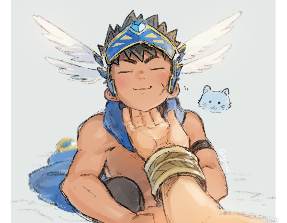 1gmizz, 2boys, animal_print, bishounen, blue_background, bracelet, brionac_(crave_saga), cat_print, character_request, closed_eyes, commentary_request, crave_saga, disembodied_hand, facing_viewer, hands_on_another's_face, headband, jewelry, light_smile, male_focus, multiple_boys, nipples, topless_male, white_wings, wings