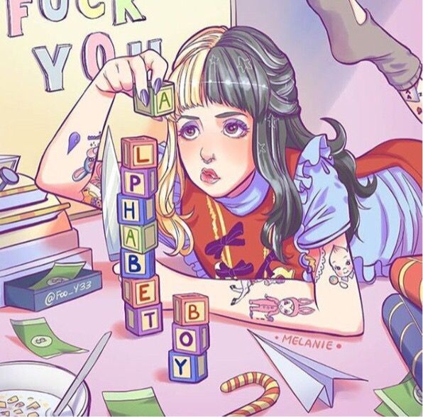 1girl, alphabet_blocks, apron, arm_tattoo, artist_name, banknote, black_hair, black_ribbon, blonde_hair, blunt_bangs, blush, candy, candy_cane, cereal, closed_mouth, cry_baby, dollar_bill, dress, english_text, eyeshadow, fingernails, foo_y33, food, frilled_dress, frilled_sleeves, frills, grey_socks, holding, holding_block, kewpie_doll, lipstick, makeup, md5_mismatch, melanie_martinez, money, multicolored_hair, nail_polish, paper_airplane, pout, purple_eyeshadow, red_apron, resolution_mismatch, ribbon, scene_reference, signature, socks, solo, song_name, source_larger, star_(symbol), tattoo, two-tone_hair, watermark