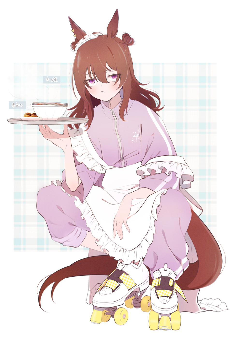 1girl, alternate_costume, animal_ears, apron, blush, brown_hair, double_bun, hair_bun