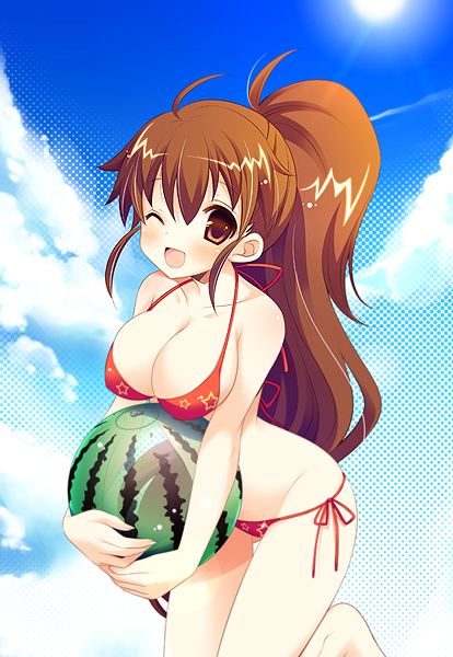1girl, ball, beachball, bikini, blush, breasts, brown_eyes, brown_hair