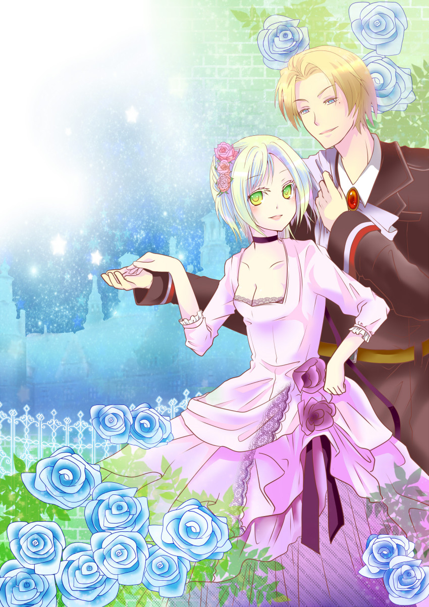 1boy, 1girl, absurdres, bad_id, bad_pixiv_id, blonde_hair, blue_flower, blue_rose