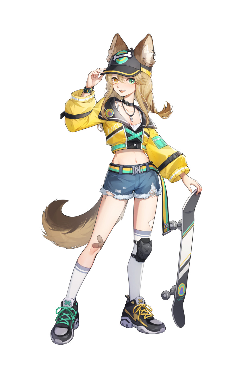 1girl, :d, absurdres, adjusting_clothes, adjusting_headwear, animal_ears, asymmetrical_footwear, asymmetrical_legwear