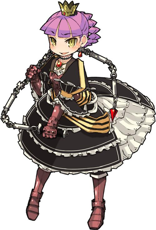 1girl, 7th_dragon, 7th_dragon_(series), :d, alusha_(7th_dragon), armor, blunt_bangs, blush, breastplate, chain_whip, choker, cross, crown, dress, earrings, female_focus, flat_chest, frilled_dress, frills, full_body, gauntlets, greaves, hair_bun, holding, iron_cross, jewelry, lace, looking_at_viewer, mini_crown, mota, necklace, no_nose, official_art, open_mouth, over_shoulder, pendant, petticoat, princess_(7th_dragon), puffy_sleeves, purple_hair, short_hair, simple_background, single_hair_bun, smile, solo, standing, weapon, weapon_over_shoulder, white_background, wide_sleeves, yellow_eyes, yellow_theme