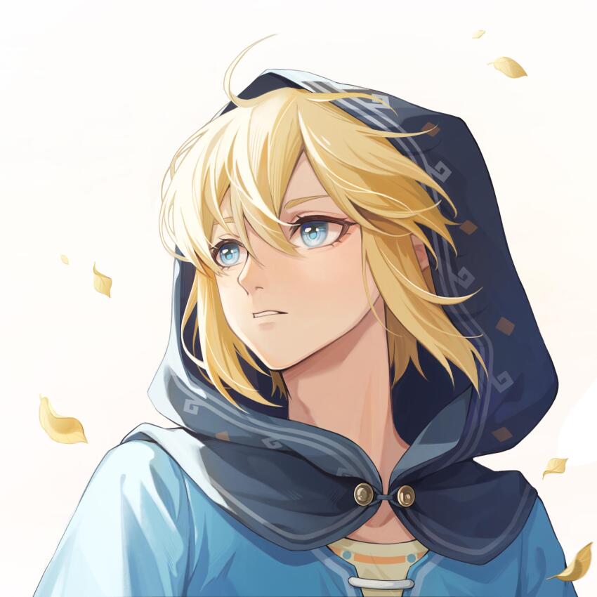 1boy, absurdres, ahoge, blonde_hair, blue_eyes, blue_hood, blue_shirt, hair_between_eyes