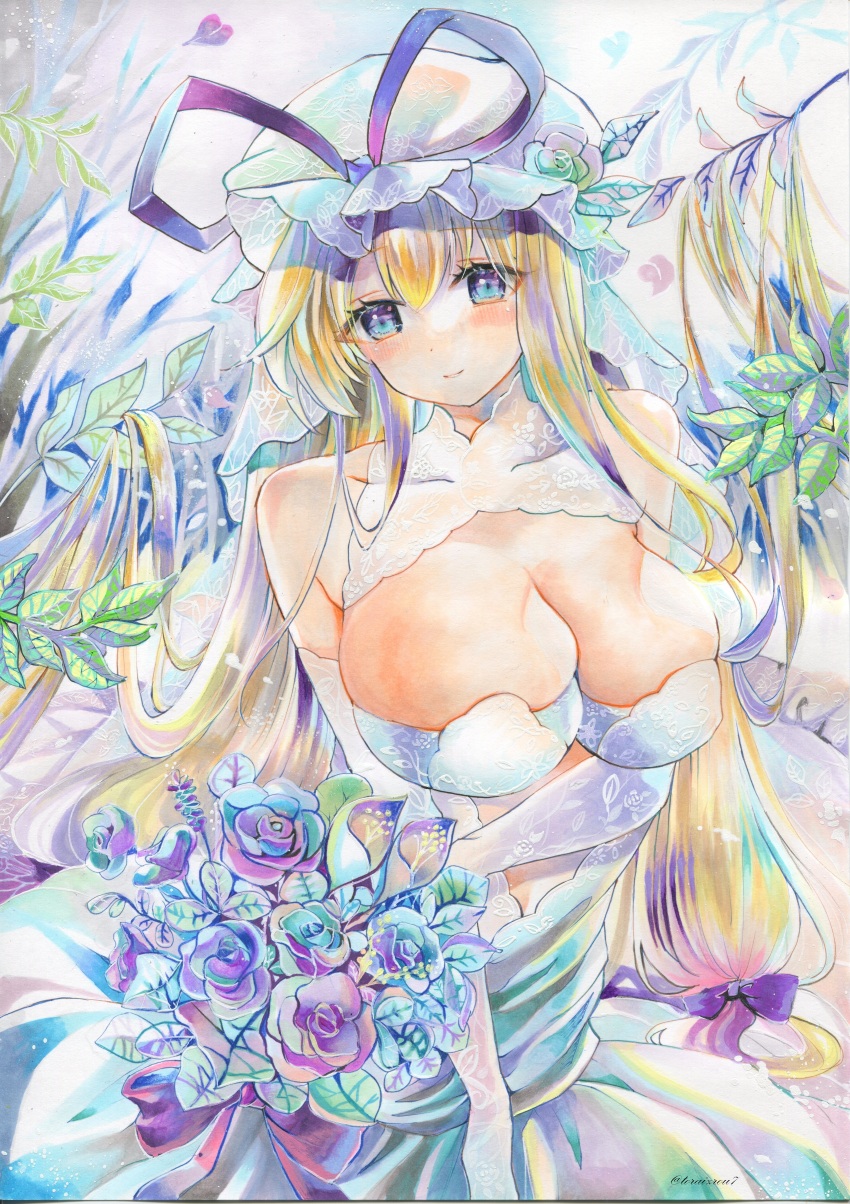 1girl, absurdres, acrylic_paint_(medium), blonde_hair, blue_eyes, bouquet, breasts, closed_mouth