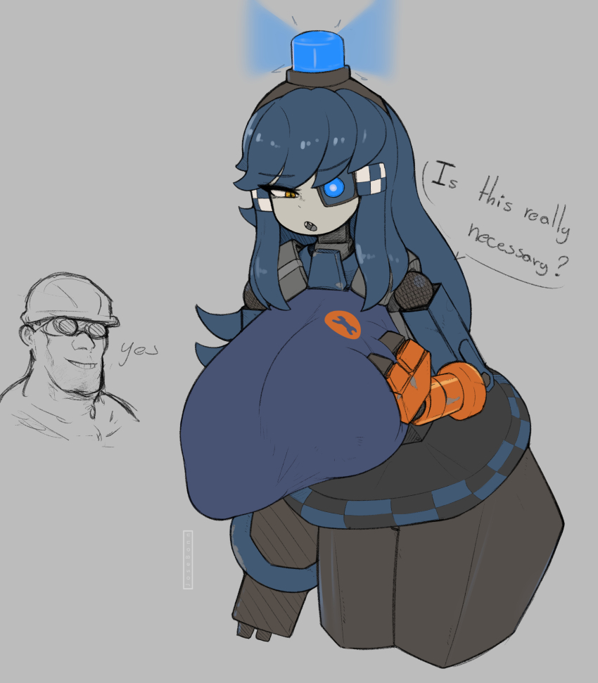 1boy, 1girl, absurdres, alarm_siren, alternate_breast_size, alternate_color, arm_cannon, artist_name