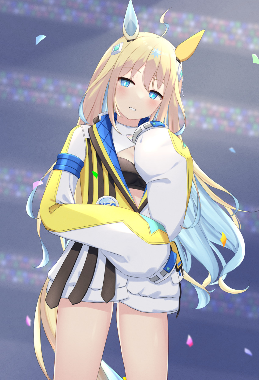 1girl, ahoge, animal_ears, artist_name, badge, blonde_hair, blue_eyes, breasts