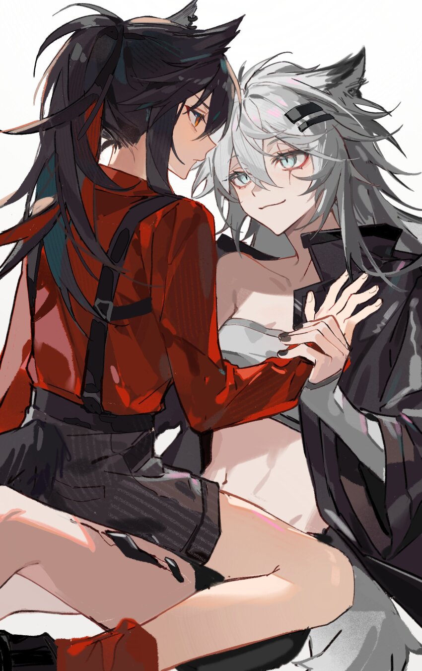 2girls, :3, absurdres, animal_ears, arknights, black_jacket, black_nails, black_shorts