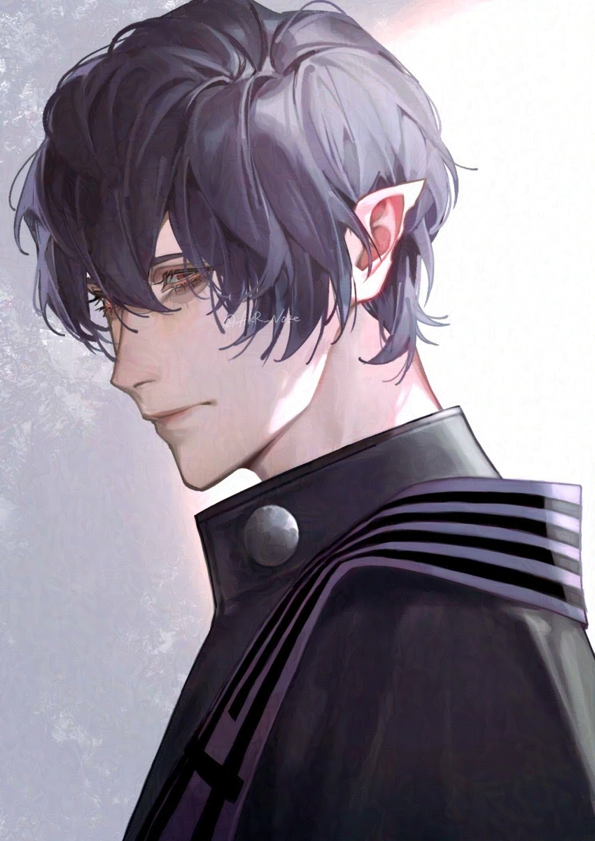 1boy, akr_noze, beelzebub_(shuumatsu_no_valkyrie), black_eyes, black_hair, hair_over_one_eye, highres, looking_at_viewer