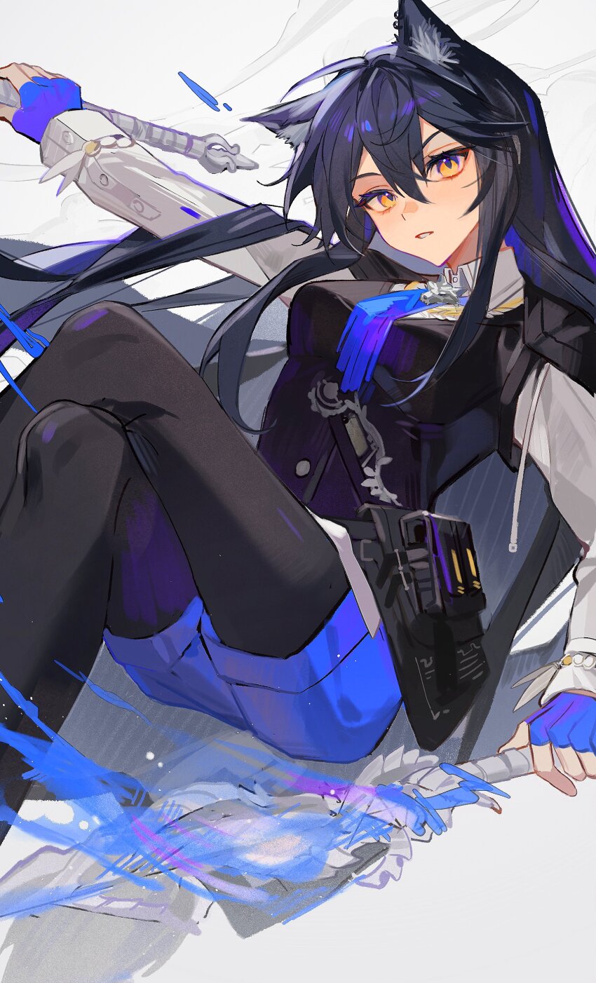 1girl, absurdres, animal_ears, arknights, ascot, black_hair, black_pantyhose, black_vest