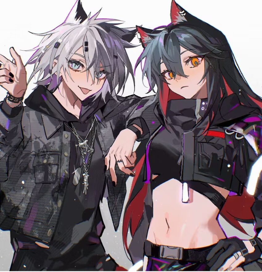 2girls, ambience_synesthesia, animal_ear_fluff, animal_ears, arknights, belt, black_belt, black_gloves, black_hoodie, black_jacket, black_nails, black_pants, black_shirt, bracelet, closed_mouth, colored_inner_hair, gloves, hair_ornament, hairclip, hood, hood_down, hoodie, jacket, jewelry, lappland_(ambience_synesthesia)_(arknights), lappland_(arknights), long_hair, looking_at_viewer, midriff, multicolored_hair, multiple_girls, navel, necklace, pants, partially_fingerless_gloves, pinenut_sn, red_hair, ring, shirt, short_hair, sidelocks, texas_(ambience_synesthesia)_(arknights), texas_(arknights), tongue, tongue_out, very_long_hair, white_background, white_hair, wolf_ears, yellow_eyes