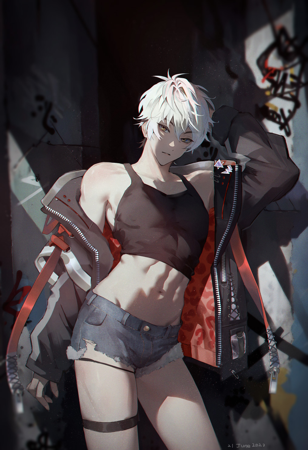 1boy, abs, alternate_costume, bare_shoulders, bishounen, black_jacket, black_tank_top, blue_shorts