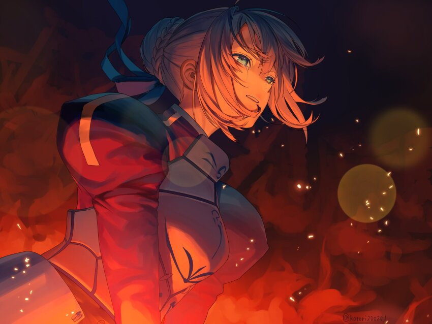 1girl, armor, armored_dress, artoria_pendragon_(fate), blonde_hair, blue_dress, blue_ribbon, braid, braided_bun, breastplate, crying, crying_with_eyes_open, dress, fate/stay_night, fate/zero, fate_(series), fire, floating_hair, green_eyes, hair_bun, hair_ribbon, highres, kotori200201, looking_to_the_side, parted_lips, ribbon, saber_(fate), sidelocks, single_hair_bun, solo, tears, twitter_username