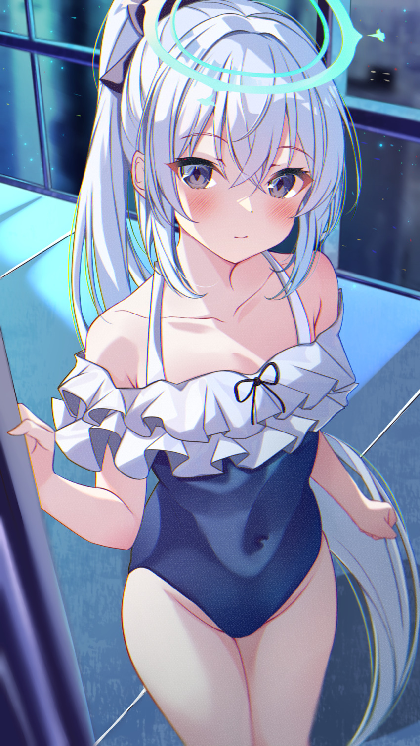 1girl, bare_shoulders, blue_archive, blue_one-piece_swimsuit, blush, closed_mouth, collarbone, covered_navel