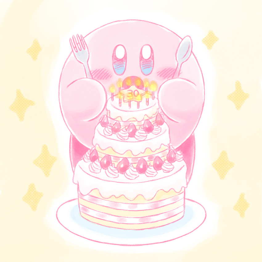 anniversary, blue_eyes, cake, candle, food, fork, fruit, highres, holding, holding_fork, holding_spoon, icing, kirby, kirby_(series), nintendo, no_humans, open_mouth, plate, siho1209, solo, sparkle, spoon, strawberry, white_background