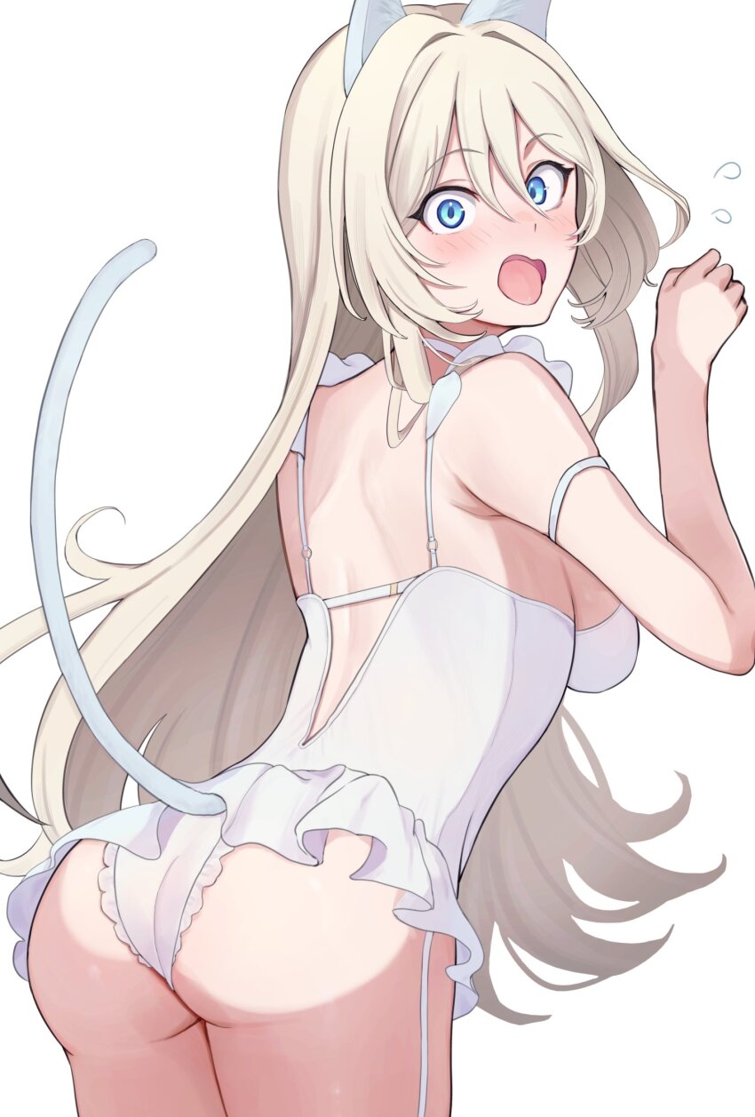 1girl, an-94_(girls'_frontline), animal_ears, ass, blue_eyes, cat_ears, cat_tail, embarrassed