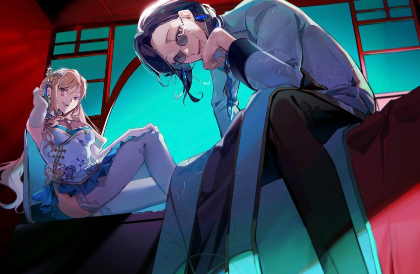 1boy, 1girl, :d, arm_behind_head, atten, black_pants, blonde_hair, blue_capelet, blue_ribbon, braid, breasts, brown_eyes, butterfly_hair_ornament, capelet, changpao, china_dress, chinese_clothes, cleavage, dress, elbow_gloves, eyewear_strap, facial_mark, feet_out_of_frame, floral_print, frilled_dress, frills, from_below, gloves, gold_trim, hair_ornament, hair_over_shoulder, hair_ribbon, heart, heart_facial_mark, highres, indoors, knee_up, lattice, long_hair, long_sleeves, looking_at_viewer, lower_teeth_only, luis_cammy, luis_cammy_(5th_costume), medium_breasts, mole, mole_under_mouth, nijisanji, official_alternate_costume, open_mouth, pants, parted_lips, red_eyes, ribbon, ribbon_braid, robe, rose_print, see-through_cleavage, see-through_clothes, shellin_burgundy, shellin_burgundy_(3rd_costume), side_slit, single_braid, sitting, sleeveless, sleeveless_dress, smile, sunglasses, swept_bangs, tassel, tassel_hair_ornament, teeth, thighhighs, virtual_youtuber, white_dress, white_gloves, white_robe, white_thighhighs, window